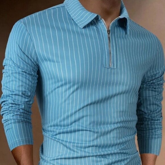 Blue Mens Striped Zip Up Polo - Picture 1 of 7